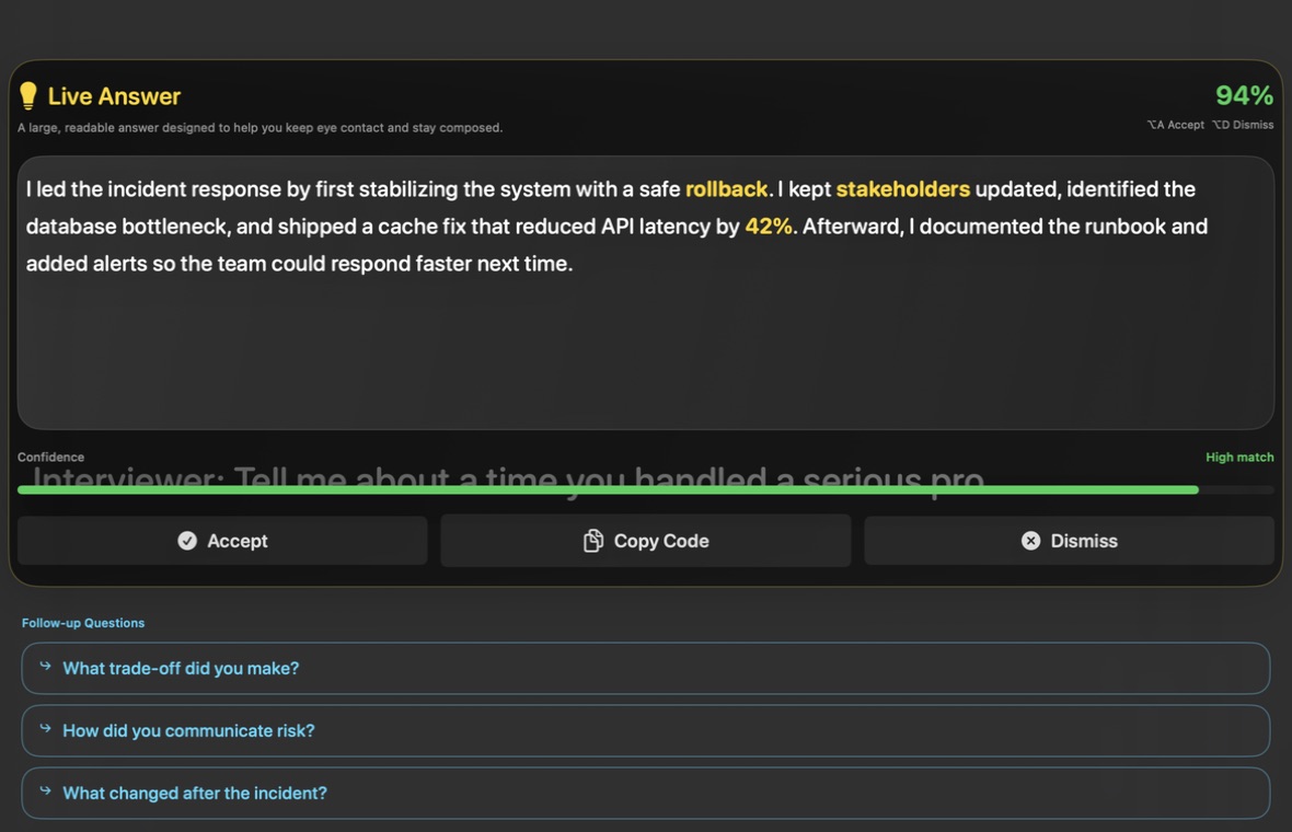 Real AI Job Interview overlay showing a structured live answer, confidence score, and follow-up questions